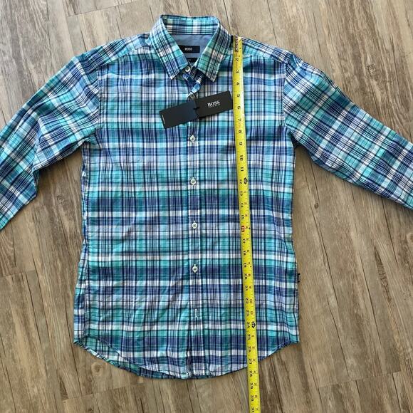NWT Hugo Boss Men Turquoise Blue & White Plaid Thin Cotton Casual Shirt Sz Small - Picture 6 of 10